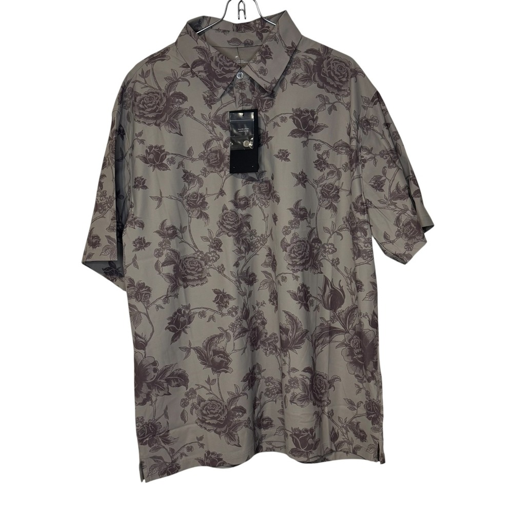 Fabletics Men's Polo Shirt Floral Print Performance Short Sleeve Brown Large NWT